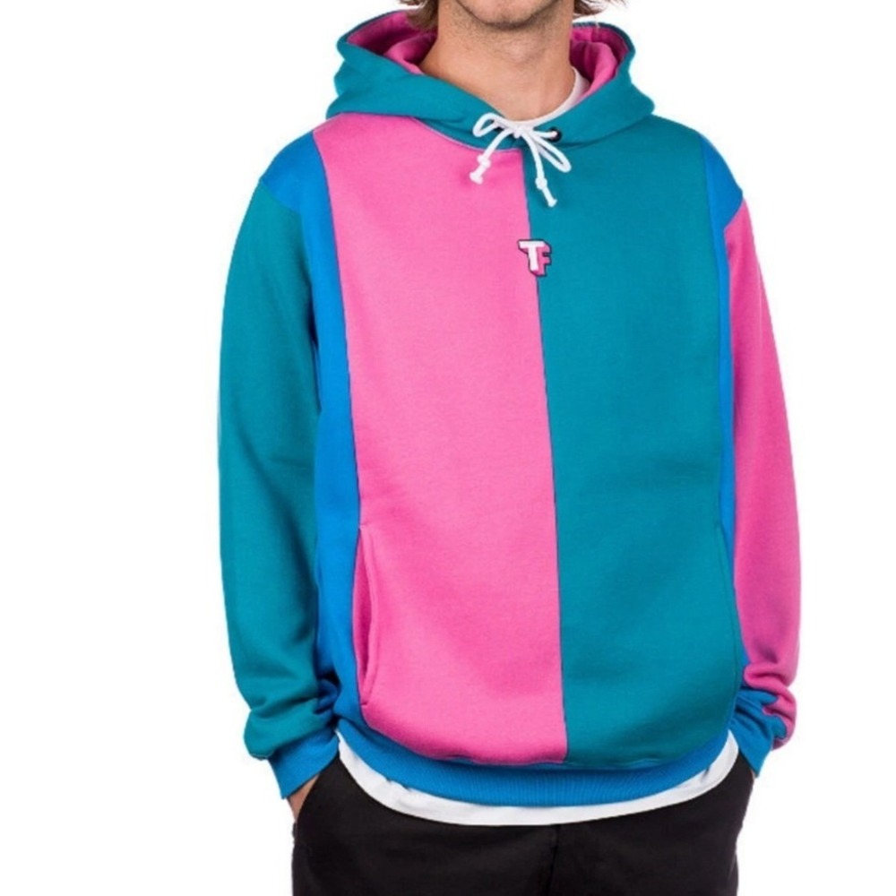 Teddy Fresh Men's Teal Bubble Gum Pink Colorblock‎ Pullover Hoodie - Small